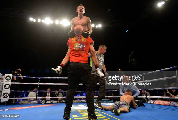 Charlie Edwards reacts as he beats Anthony Nelson by a knock out in the third round during the WBA Continental Super-Flyweight Championship contest...