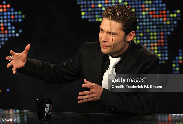 Actor Corey Feldman speaks during an intervierw with host Larry King on the television show "Larry King Live" at CNN on March 10, 2010 in Los...