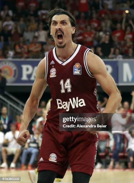 Nihad Djedovic of FC Bayern Muenchen reacts during the fifth and final play-off game of the German Basketball Bundesliga finals at Audi-Dome on June...