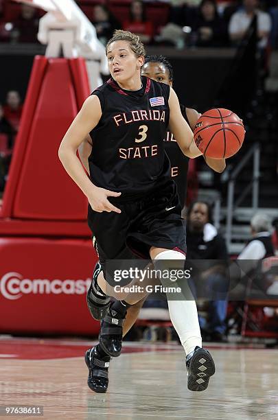 Alexa Deluzio of the Florida State Seminoles brings the ball up the court against the Maryland Terrapins at the Comcast Center on February 28, 2010...