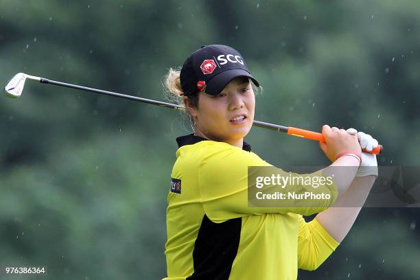 Ariya Jutanugarn of Bangkok, Thailand hits from the 5th tee during the third round of the Meijer LPGA Classic golf tournament at Blythefield Country...