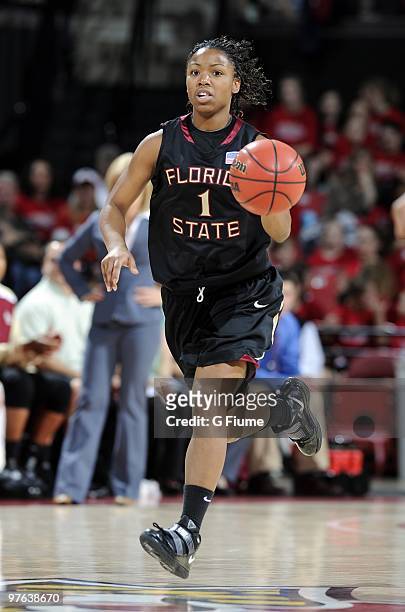 Angel Gray of the Florida State Seminoles brings the ball up the court against the Maryland Terrapins at the Comcast Center on February 28, 2010 in...