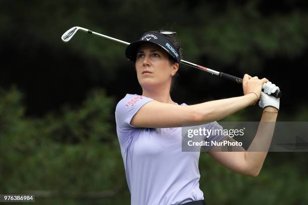 Sandra Gal of Germany tees off on the second tee during the third round of the Meijer LPGA Classic golf tournament at Blythefield Country Club in...