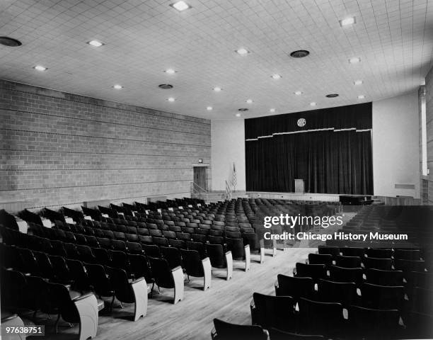 View of the auditorium in Oak Ridge High School, Oak Ridge, Tennessee, July 12, 1944. The city was established in 1942 to house the employees of the...