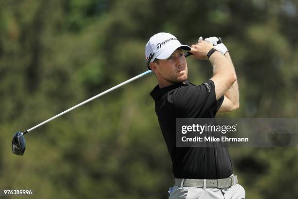 Tyler Duncan of the United States plays his shot from the sixth tee during the third round of the 2018 U.S. Open at Shinnecock Hills Golf Club on...