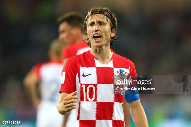 Luka Modric of Croatia celebrates after scoring a penalty for his team's second goal during the 2018 FIFA World Cup Russia group D match between...
