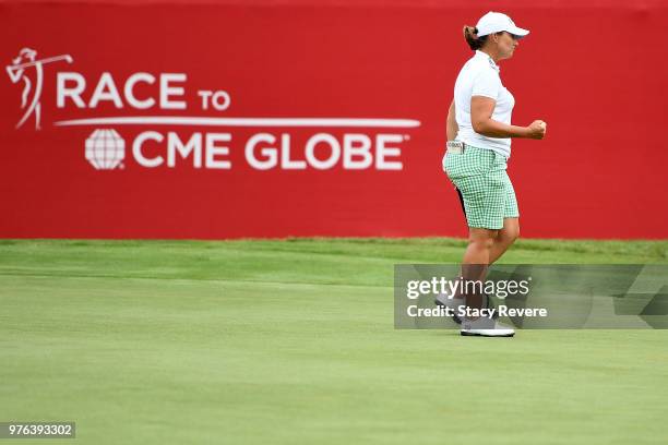 Angela Stanford reacts to a birdie on the 18th hole during the third round of the Meijer LPGA Classic for Simply Give at Blythefield Country Club on...