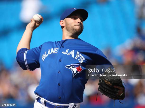 Marco Estrada of the Toronto Blue Jays delivers a pitch in the first inning during MLB game action against the Washington Nationals at Rogers Centre...