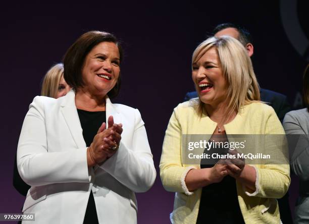 Sinn Fein president Mary Lou McDonald and vice president Michelle O'Neill are applauded by party members after McDonald's keynote speech during the...