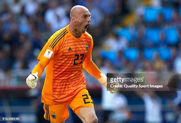Wilfredo Caballero of Argentina celebrates after his team's first goal during the 2018 FIFA World Cup Russia group D match between Argentina and...