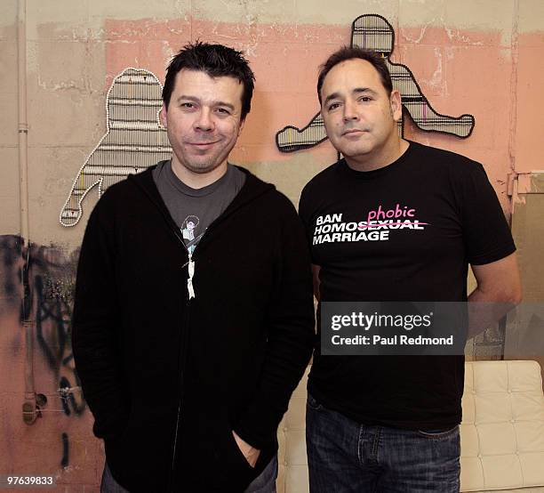 Scott Kirkland and Ken Jordan of The Crystal Method backstage at Manifest Equality Art Show closing night on March 6, 2010 in Hollywood, California.