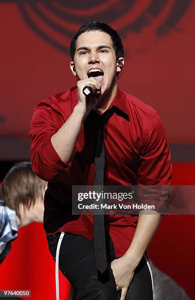 Big Time Rush's Carlos Pena performs at the 2010 Nickelodeon Upfront Presentation at Hammerstein Ballroom on March 11, 2010 in New York City.