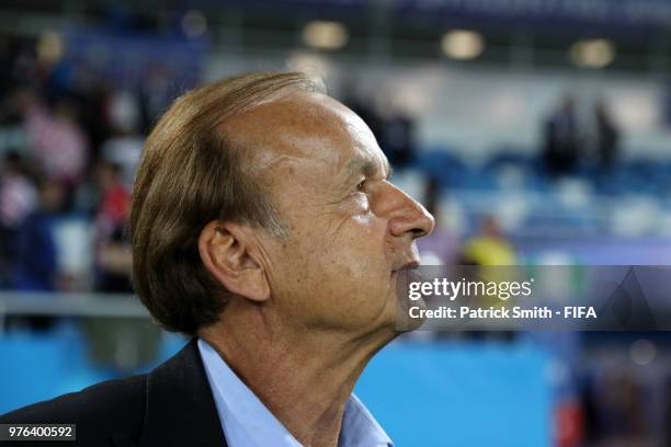 Gernot Rohr, Manager of Nigeria looks on following the 2018 FIFA World Cup Russia group D match between Croatia and Nigeria at Kaliningrad Stadium on...