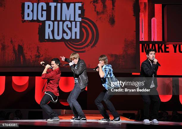 Carlos Pena, Kendall Schmidt, James Maslow and Logan Henderson of Big Time Rush perform onstage the Nickelodeon 2010 Upfront Presentation at...
