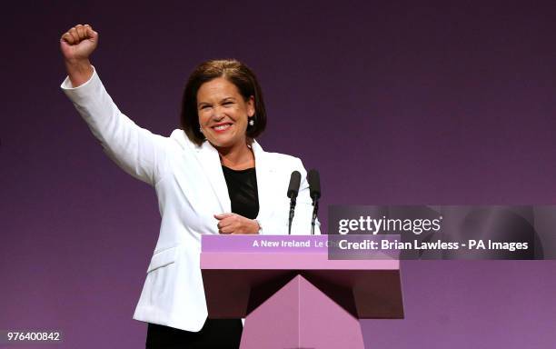 Sinn Fein President Mary Lou McDonald arrives on stage to deliver her keynote speech during her party's ard fheis at the Waterfront Hall, Belfast....