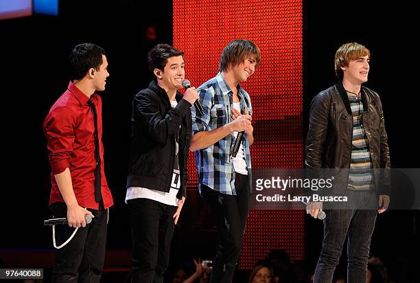 Carlos Pena, Logan Henderson, James Maslow and Kendall Schmidt of Big Time Rush perform onstage the Nickelodeon 2010 Upfront Presentation at...