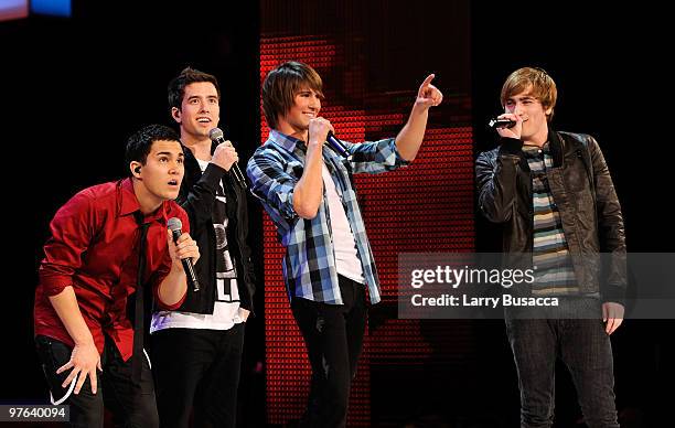 Carlos Pena, Logan Henderson, James Maslow and Kendall Schmidt of Big Time Rush perform onstage the Nickelodeon 2010 Upfront Presentation at...