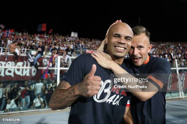 Allan Pierre Baclet of Cosenza Calcio celebrate the victory of the Lega Pro 17/18 Playoff final match between Robur Siena and Cosenza Calcio at...