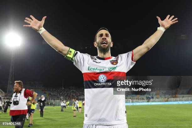 Angelo Corsi of Cosenza Calcio celebrate the victory of the Lega Pro 17/18 Playoff final match between Robur Siena and Cosenza Calcio at Stadio...