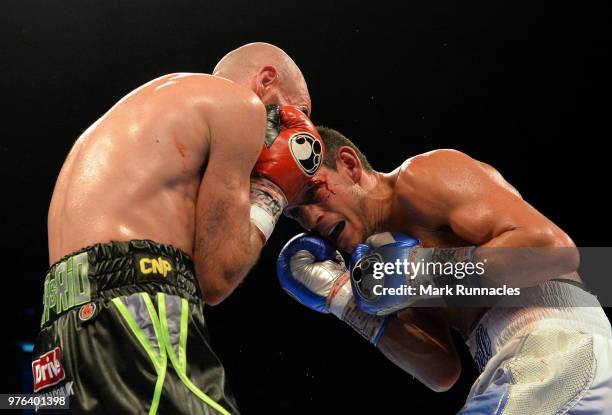 Gavin McDonnell , takes on Stuart Hall black shorts), during the WBC International Super-Bantamweight Championship contest presented by Matchroom...