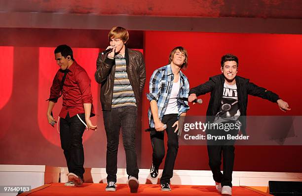 Carlos Pena, Kendall Schmidt, James Maslow and Logan Henderson of Big Time Rush perform onstage at the 2010 Nickelodeon Upfront Presentation at...