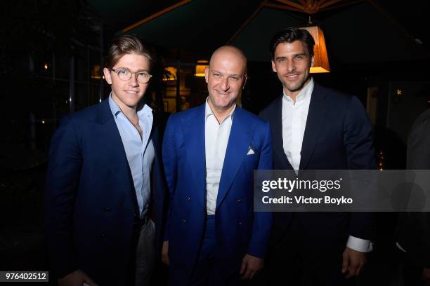 Gabrio Santoni, Giuseppe Santoni, Johannes Huebl attend the GQ Milan Cocktail Party during Milan Men's Fashion Week Spring/Summer 2018/19 on June 16,...