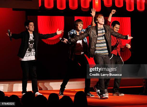 Logan Henderson, James Maslow, Kendall Schmidt and Carlos Pena onstage at the 2010 Nickelodeon Upfront Presentation at Hammerstein Ballroom on March...