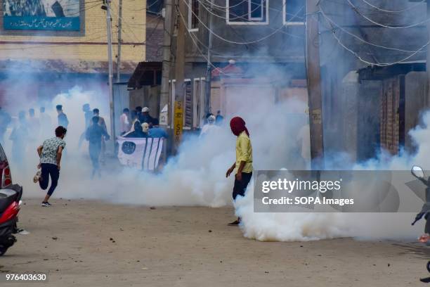 Kashmiri protesters Clashes with the police and paramilitary soldiers during clashes after the culmination of Eid-ul-Fitr congregational prayers in...