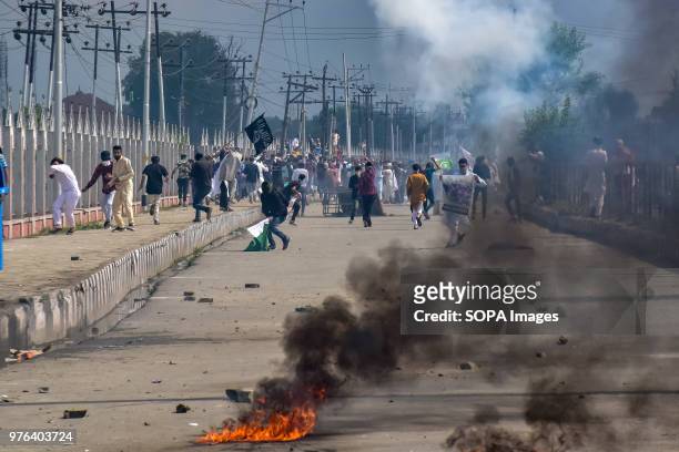 Kashmiri protesters Clashes with the police and paramilitary soldiers during clashes after the culmination of Eid-ul-Fitr congregational prayers in...