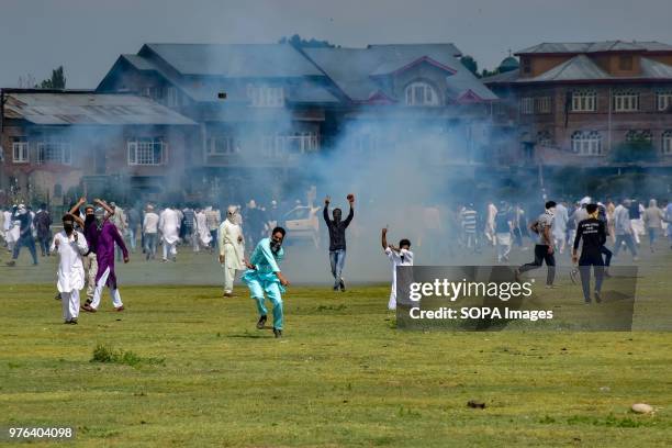 Kashmiri protesters Clashes with the police and paramilitary soldiers during clashes after the culmination of Eid-ul-Fitr congregational prayers in...