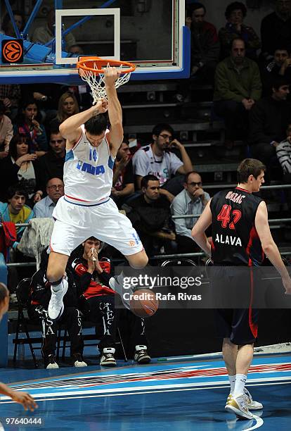 Stanko Barac, #42 of Caja Laboral competes with Dalibor Bagaric, #14 of KK Cibona Zagreb during the Euroleague Basketball 2009-2010 Last 16 Game 6...