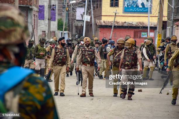 Government forces patrolling on the clash hold streets of Srinagar on Saturday. Government Forces in Indian Administered Kashmir used tear gas and...