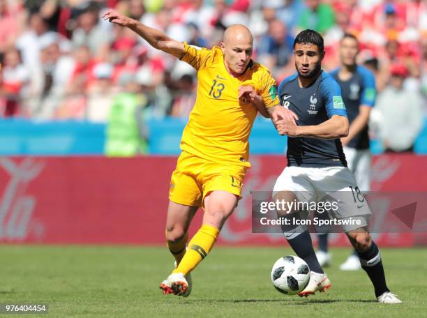 Midfielder Aaron Mooy of Australia and forward Nabil Fekir of France during a Group C 2018 FIFA World Cup soccer match between France and Australia...