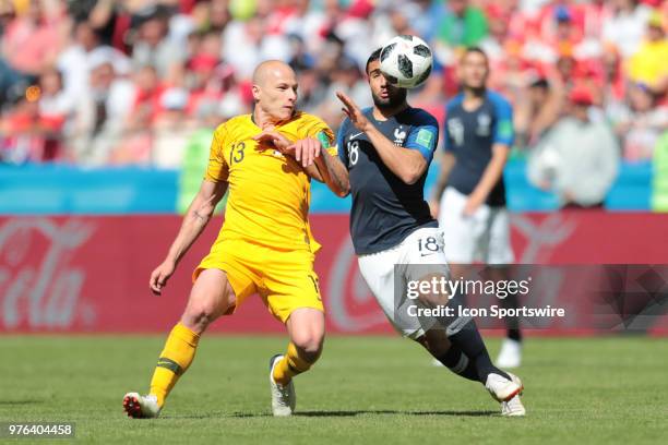 Midfielder Aaron Mooy of Australia and forward Nabil Fekir of France during a Group C 2018 FIFA World Cup soccer match between France and Australia...