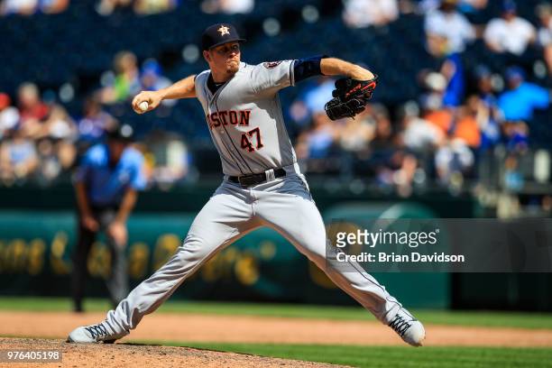 Chris Devenski of the Houston Astros pitches during the ninth inning against the Kansas City Royals at Kauffman Stadium on June 16, 2018 in Kansas...