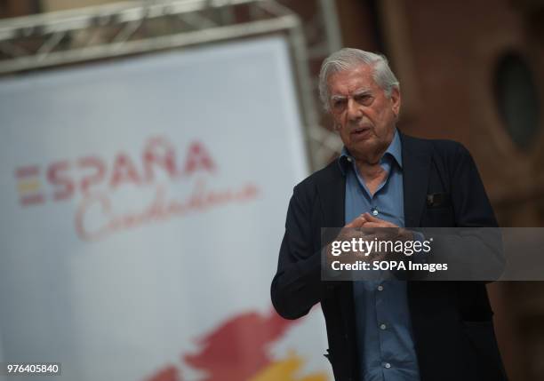 Literature Nobel Prize Mario Vargas Llosa speaks as he participates in an event to present the new platform named 'España Ciudadana' after his...