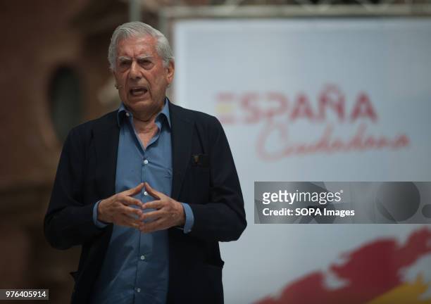 Literature Nobel Prize Mario Vargas Llosa speaks as he participates in an event to present the new platform named 'España Ciudadana' after his...