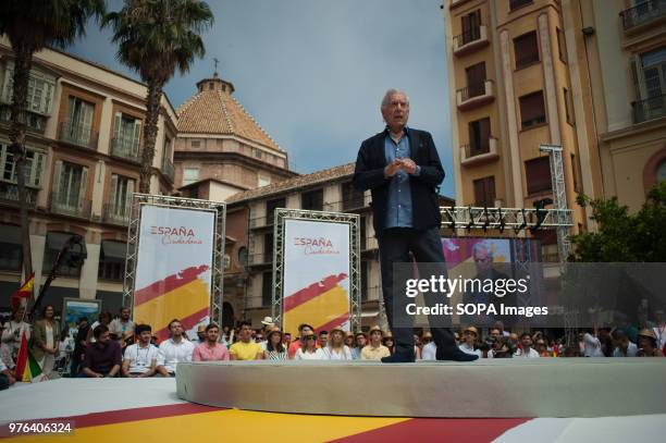 Literature Nobel Prize Mario Vargas Llosa speaks as he participates in an event to present the new platform named 'España Ciudadana' after his...