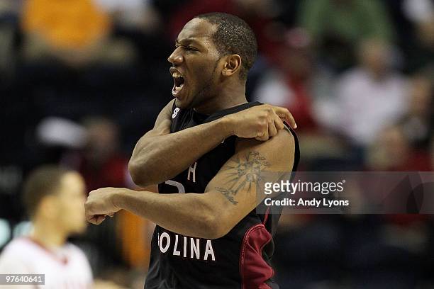 Devan Downey of the South Carolina Gamecocks reacts to an offensive play in the first half against the Alabama Crimson Tide during the first round of...