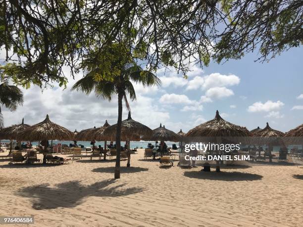 Beach with palapas, Eagle Beach, Aruba on June 16, 2018.