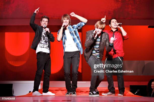 "Big Time Rush" stars, Logan Henderson, James Maslow, Kendall Schmidt and Carlos Pena perform at the 2010 Nickelodeon Upfront Presentation at...