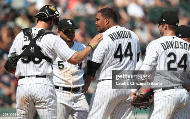 Chicago White Sox relief pitcher Bruce Rondon takes a meeting on the mound with bases loaded in the eighth inning against the Detroit Tigers at...