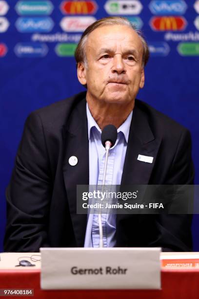 Gernot Rohr, Manager of Nigeria speaks during the press conference after the 2018 FIFA World Cup Russia group D match between Croatia and Nigeria at...