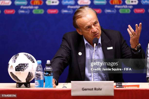 Gernot Rohr, Manager of Nigeria speaks during the press conference after the 2018 FIFA World Cup Russia group D match between Croatia and Nigeria at...