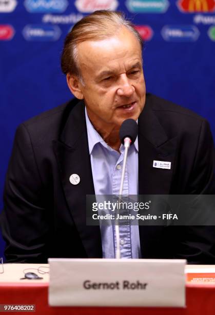 Gernot Rohr, Manager of Nigeria speaks during the press conference after the 2018 FIFA World Cup Russia group D match between Croatia and Nigeria at...