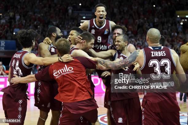 Bayern Munich Basketball players celebrate winning the German Basketball Championship at the Audi Dome in Munich, southern Germany, on June 16, 2018....