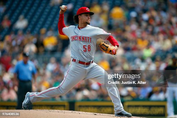 Luis Castillo of the Cincinnati Reds pitches in the first inning against the Pittsburgh Pirates at PNC Park on June 16, 2018 in Pittsburgh,...