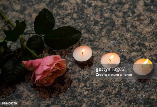 June 2018, Germany, Mainz: A rose lies next to candles in memory of Susanna. People demonstate under the motto 'Fuer Vielfalt und Toleranz - gegen...