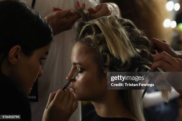 Model has prepared backstage ahead of the Plein Sport show during Milan Men's Fashion Week Spring/Summer 2019 on June 16, 2018 in Milan, Italy.