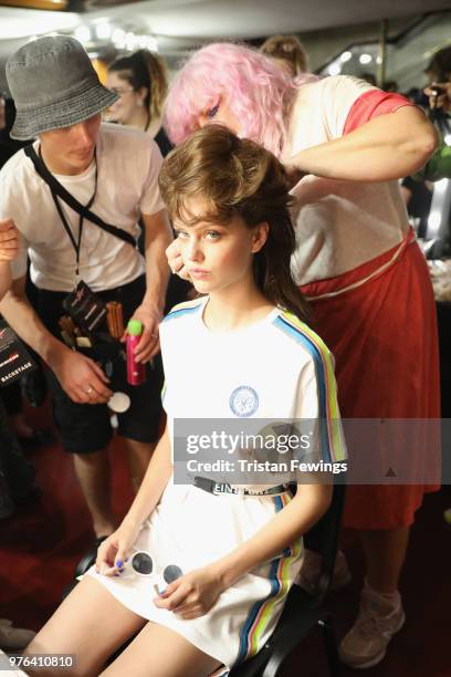 Model has prepared backstage ahead of the Plein Sport show during Milan Men's Fashion Week Spring/Summer 2019 on June 16, 2018 in Milan, Italy.